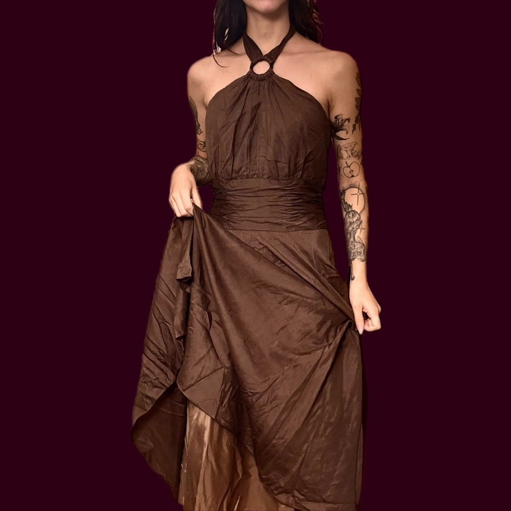 White House Black Market Taupe Satin Halter Gown